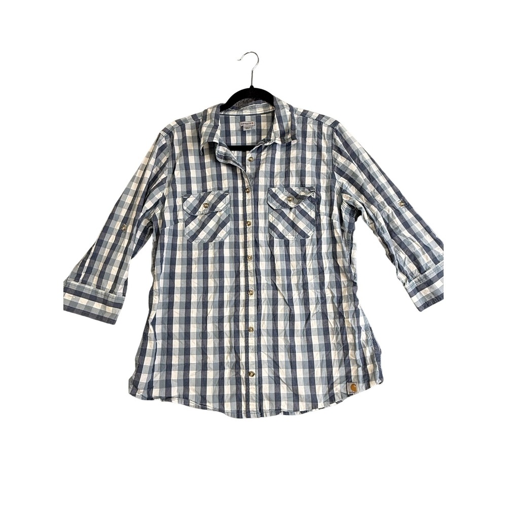 Carhartt Shirt Womens Large Blue White Plaid Button Front 3/4 Sleeve Work